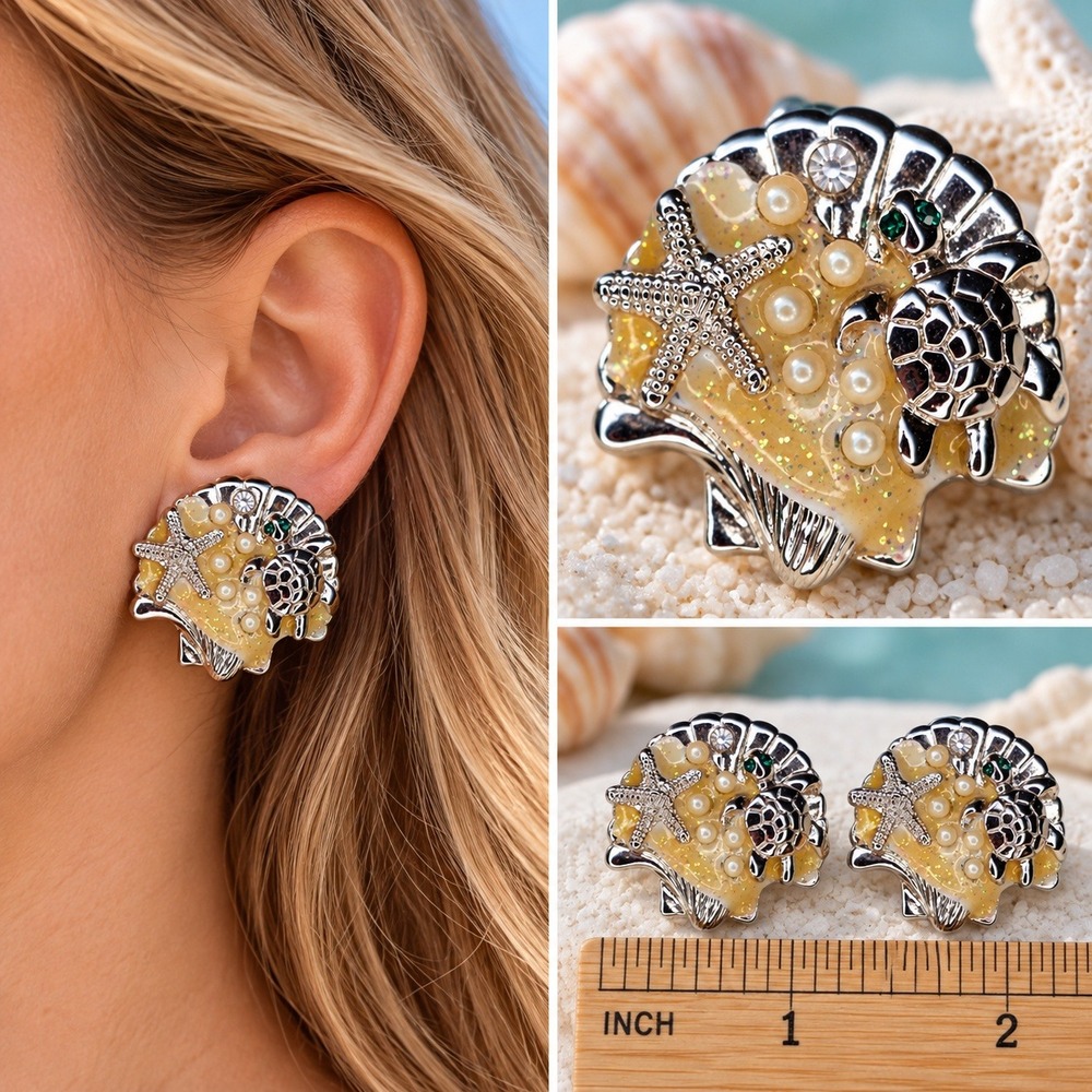 Sea Shell Clip On Earrings Women Silver Sea Turtle Starfish Pearl Coastal Beach